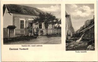 Torda, Turda; Hasadék, Osztián-féle vasúti szálloda. Osztián Lajos kiadása / gorge, railway hotel (kissé ázott sarok / slightly wet corner)