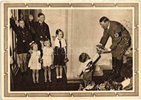 Hitler in the kindergarten with children. 1939 Deutsch die Saar So. Stpl (EK)