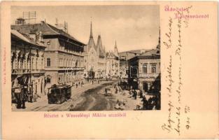 Kolozsvár, Cluj; Wesselényi Miklós utca, villamos, Szegedi Zoltán üzlete. Vajda és Weiss kiadása / street view, tram, shops (EK)