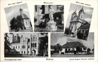 Galánta, Mária szobor, Járási Iparos Társulat székháza, Főszolgabírósági épület, Római katolikus templom és kápolna / statue, court, church and chapel, District Industrial Society Headquarters