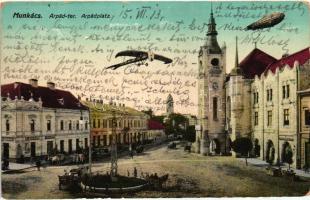 Munkács, Mukacheve, Mukacevo; Árpád tér, Klein Hugo, Rosner Mór üzletei, repülőgép és léghajó montázs / square, shops. airplane and zeppelin montage (EK)