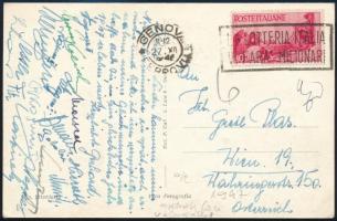 1946 Az osztrák labdarúgó válogatott játékosainak aláírása Genovából küldött képeslapon, köztük Ernst Happel, Josef Musil, Alfred Körner, Wagner / postcard from Genova signed by the Austrian national football team