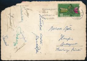 1954 Az Aranycsapat több tagja által aláírt képeslap a svájci football világbajnokságról  Puskás, Sándor, Buzánszky, Hidegkuti, Buday, Kocsis, Mandik Béla saját kezű aláírásával /  Autograph signed postcard of the Hungarian Golden Football Team from the Swiss World Cup.