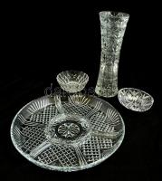 Üveg tárgyak: vázs, tálka ( 2db), kínáló tál, formába préselt hibátlan, 12×9 cm, d:29 cm, m:28 cm