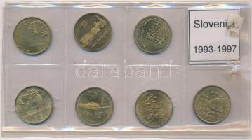 Szlovénia 1993-1997. 5T sárgaréz emlékérme (7xklf) sérült fóliatokban T:1-,2 Slovenia 1993-1997. 5 Tolarjev Brass commemorative coin (7xdiff) in damaged foil case C:AU,XF