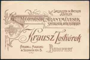 Krausz Testvérek műötvösök, aranyművesek, specialisták antik ékszerekben reklám kártya, 8x12 cm.