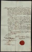 1836 Kiskunszabadszállás város cautionális szerződése a helyi száraz malom bérletéről . A városi elöljárók aláírásával és a város címeres pecsétjével