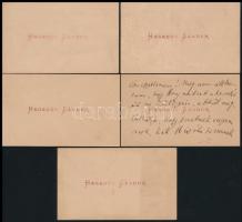 Hegedüs Sándor (1847-1906) politikus, országgyülési képviselő, miniszter saját kezűleg írt sorai névjegykártyáján feleségének Jókay Jolánnak, 5 db kártya mindndenféle kedves és praktikus üzenettel.