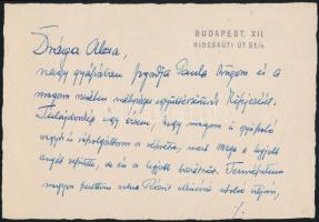 1948 Herczeg Ferenc (1863-1954) személyes hangú köszönő levele édesanyja halála alkalmából Navratil Alexandrának. Édesanyja Hegedüs Rózsa, Hegedüs Sándor politikus és Jókai Jolán lányának, ifj. Hegedüs Sándor író és Hegedüs Loránt politikus hugának