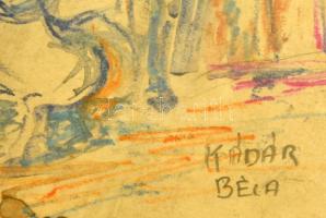 Kádár jelzéssel: Lovasok az utcán. Vegyes technika, papír, üvegezett keretben, 29×20 cm