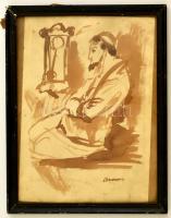 Ámos jelzéssel: Rabbi. Lavírozott tus, papír, üvegezett keretben, 30×21 cm