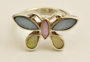 Ezüst(Ag) pillangós, gyöngyházzal díszített gyűrű, jelzett, méret: 59, bruttó: 7,7 g