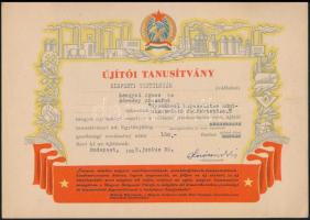 1953 8 db újító tanúsítvány és emléklap a Kispesti Textilgyárból, 17x24 és 30x21 cm közti méretben
