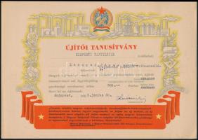 1953 8 db újító tanúsítvány és emléklap a Kispesti Textilgyárból, 17x24 és 30x21 cm közti méretben