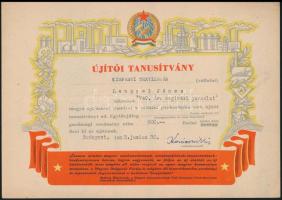 1953 8 db újító tanúsítvány és emléklap a Kispesti Textilgyárból, 17x24 és 30x21 cm közti méretben