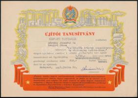 1953 8 db újító tanúsítvány és emléklap a Kispesti Textilgyárból, 17x24 és 30x21 cm közti méretben