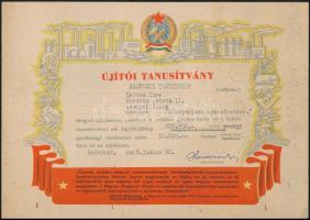 1953 8 db újító tanúsítvány és emléklap a Kispesti Textilgyárból, 17x24 és 30x21 cm közti méretben