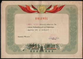 1953 8 db újító tanúsítvány és emléklap a Kispesti Textilgyárból, 17x24 és 30x21 cm közti méretben