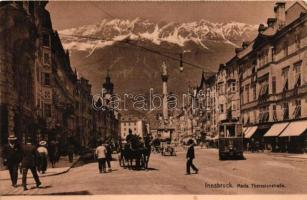 Innsbruck, Maria Theresienstrasse / street view with tram (from postcard booklet)