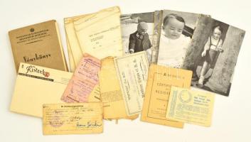 cca 1906-1960 Vegyes papírrégiség tétel, köztük bizonyítványok, igazolványok, vénykönyv, Horthy Istvánka fotóiról készült nyomtatványok