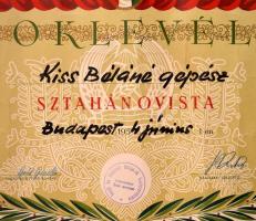 1954 Sztahanovista oklevél, 34x47 cm