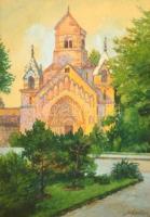 Scholler Rezső (1882-?): Jáki templom. Akvarell, papír, üvegezett keretben, 27×18 cm