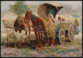 Pállya Carolus (1875-1930): Pihenő lovak. Olaj, falemez, jelzett, 11×16,5 cm