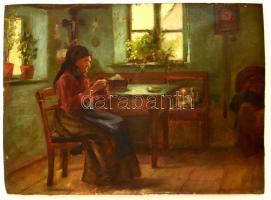 Udvardy Flóra (1880-?): Nagymama és a cica. Olaj, karton, alján sérült, 29×40 cm