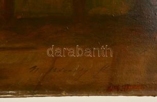 Udvardy Flóra (1880-?): Nagymama és a cica. Olaj, karton, alján sérült, 29×40 cm