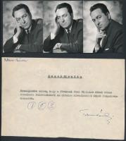 cca 1965 Greguss Zoltán, Kiszely Lajos, Tekeres Sándor színészek aláírás és fényképe, 5 db vintage fotó, 6x7 cm
