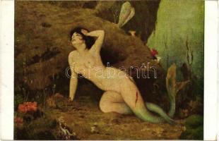 7 db régi erotikus művészlap, közte kétfarkú sellő / 7 pre-1945 erotic art postcards, among them a t...