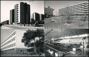 cca 1975 Kecskeméti városképek, épületfotók, Vincze János (1922-1998) kecskeméti fotóművész hagyatékából 13 db vintage fotó + hozzáadva egy képeslap reprodukciót a városról, 9x12 cm és 9x14 cm