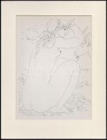 Reich Károly (1922-1988): Lány kecskével, ofszet, papír, jelzett az ofszeten, paszpartuban, 28,5×21 cm