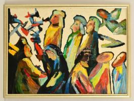 Schéner Mihály (1923-2009): Szent István népe. Olaj, farost, jelzett, keretben, 50×70 cm