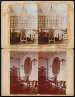 cca 1920 Térhatású - sztereó - fényképek egy kastély berendezéséről, 8 db vintage képpár, 10x7 cm, karton 10,5x16,5 cm