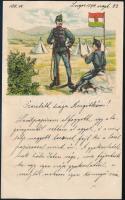 1894 Katonatiszt levele magyar honvédeket ábrázoló levélpapíron és levélborítékkal
