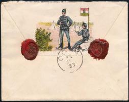 1894 Katonatiszt levele magyar honvédeket ábrázoló levélpapíron és levélborítékkal