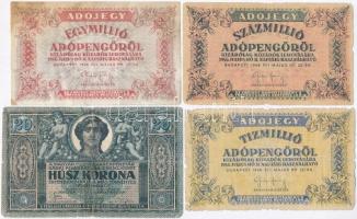 7db-os vegyes magyar korona, pengő, adópengő és forint bankjegy tétel, közte 1919. augusztus 9. 20K T:III-,IV szakadás, ly., ragasztás