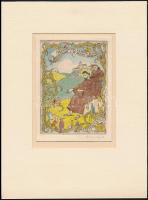 Bajor Ágost (1892-1958): Szent Ferenc, színezett rézkarc, papír, jelzett, paszpartuban, 13×9,5 cm