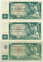 Csehszlovákia 1961. 100K (2x) sorszámkövetők + Szlovákia 1993. (1961) 100K csehszlovák bankjegy szlovák bélyeggel T:II-III kis szakadás Czechoslovakia 1961. 100 Korun (2x) sequential serials + Slovakia 1993. (1961) 100 Korun Czechoslovakian banknote with Slovakian stamp C:XF-F small tear