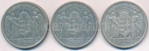 1930. 5P Ag "Horthy jobbra" (3x) T:2-,3