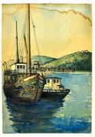 Ágotha Géza (1891-): Hajóvontatás. Akvarell (foltos), papír, jelzett, 30×21 cm