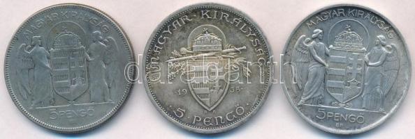 1930. 5P Ag "Horthy jobbra" + 1938. 5P Ag "Szent István" + 1939. 5P Ag "Hor...