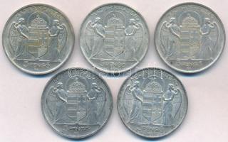 1939. 5P Ag "Horthy balra" (5x) T:1-,2 patina