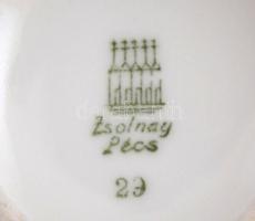 Zsolnay mokkás csésze ( 3 db) és jelzés nélküli tálca cukortartó, kézzel festett, jelzett (csak a Zs...