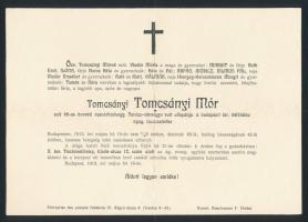 1913 Tomcsányi Mór 1848-as huszárhadnagy, Túróc vármegye alispánjának halotti értesítője