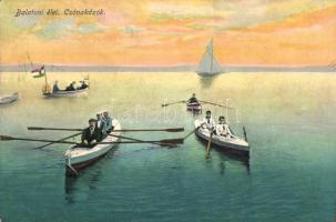 Balaton - 4 db régi képeslap, Balatoni élet, Baross gőzhajó, vitorlás