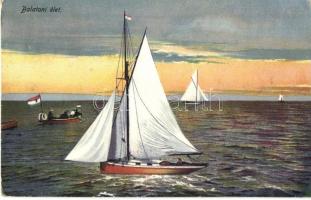 Balaton - 4 db régi képeslap, Balatoni élet, Baross gőzhajó, vitorlás