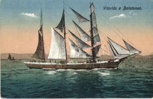 Balaton - 4 db régi képeslap, Balatoni élet, Baross gőzhajó, vitorlás