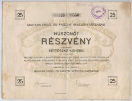 Budapest 1918. Magyar Erdő- és Faüzem Részvénytársaság huszonöt részvénye egyben 200K-ról, bélyegzéssel, szelvényekkel T:III